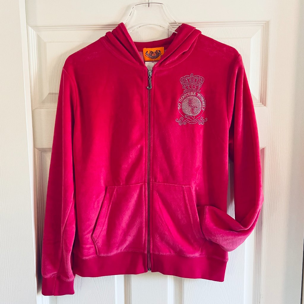 Juicy Couture Pink Classic Velour Zip Up Hoodie Rhinestone Logo Xl